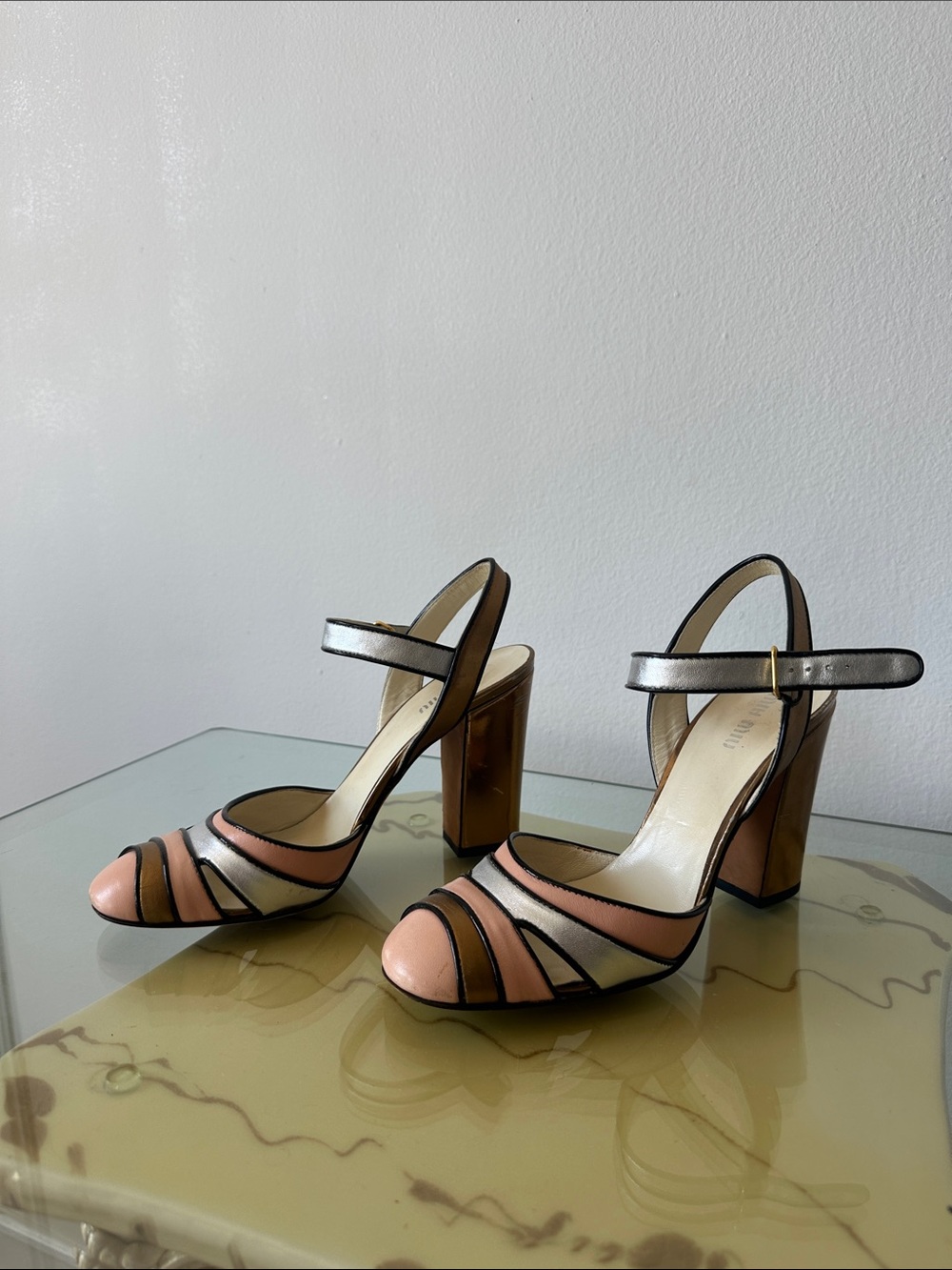 Miu Miu Pink and Silver Colorblock Slingback Block Heels - Picture 4 of 6
